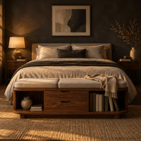 Low bench with two seat cushions, two center drawers and open end shelves in a dark bedroom at golden hour