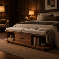 Low bench with two seat cushions, two center drawers and open end shelves in an evening bedroom with walnut wall paneling