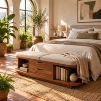 Low bench with two seat cushions, two center drawers and open end shelves in a bright bedroom with arched windows and plants