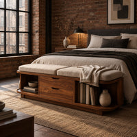 Low bench with two seat cushions, two center drawers and open end shelves in an industrial loft bedroom with exposed brick