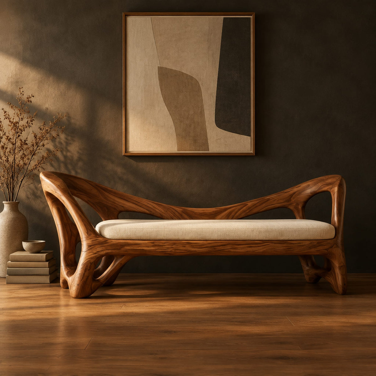 Bench with a cream seat cushion and a sculpted frame full of open cutouts in a dark studio against a charcoal plaster wall