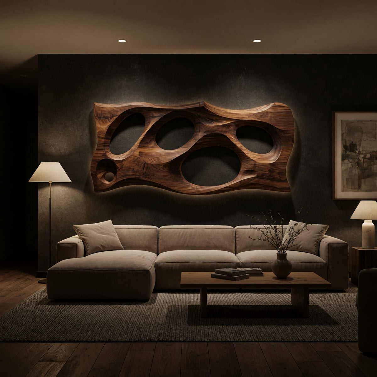 Wooden slab wall art with carved oval openings on a dark charcoal plaster wall