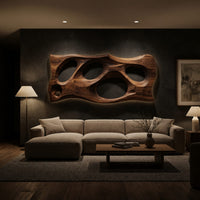 Wooden slab wall art with carved oval openings on a dark charcoal plaster wall