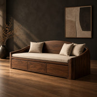 Daybed style sofa with an arched back and a three panel wood front, three-quarter view showing the grain