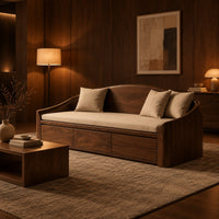 Daybed style sofa with an arched back and a three panel wood front in an evening living room with walnut wall paneling