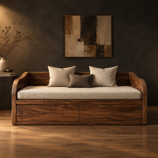 Daybed Style Sofa With Swept Wood Sides And A Paneled Base