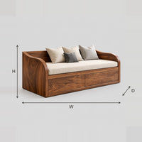 Daybed Style Sofa With Swept Wood Sides And A Paneled Base dimension diagram with width, height and depth
