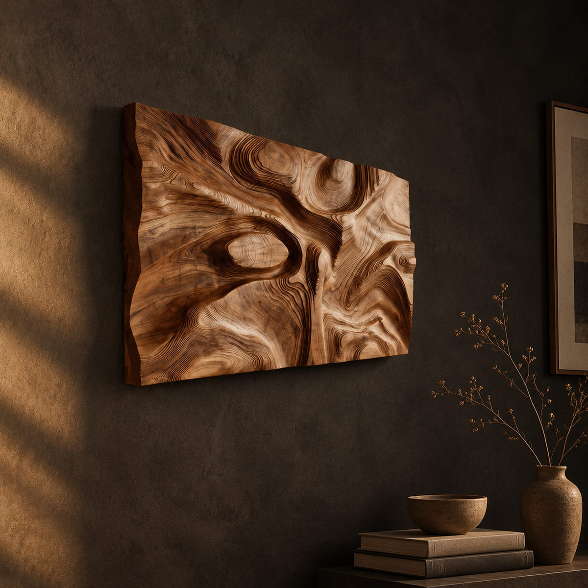 Deep carved wooden wall relief with an oval eye and flowing swirls on a dark charcoal plaster wall