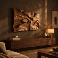 Deep carved wooden wall relief with an oval eye and flowing swirls above a low console in an evening living room