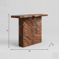 Deep Furrow Carved Console Table With Live Edge Top dimension diagram with width, height and depth