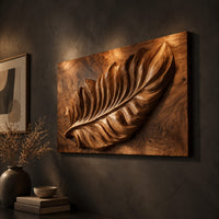 Rectangle wooden wall panel with a deep relief leaf carved across swirling grain, three-quarter view showing the carved depth