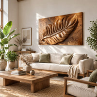 Rectangle wooden wall panel with a deep relief leaf carved across swirling grain in a bright sunroom with green plants