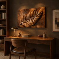 Rectangle wooden wall panel with a deep relief leaf carved across swirling grain above a desk in a dark study corner