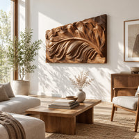 Wide carved wood relief panel of a sweeping feather with flowing layered barbs in a bright sunroom with green plants