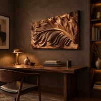Wide carved wood relief panel of a sweeping feather with flowing layered barbs above a desk in a dark study corner