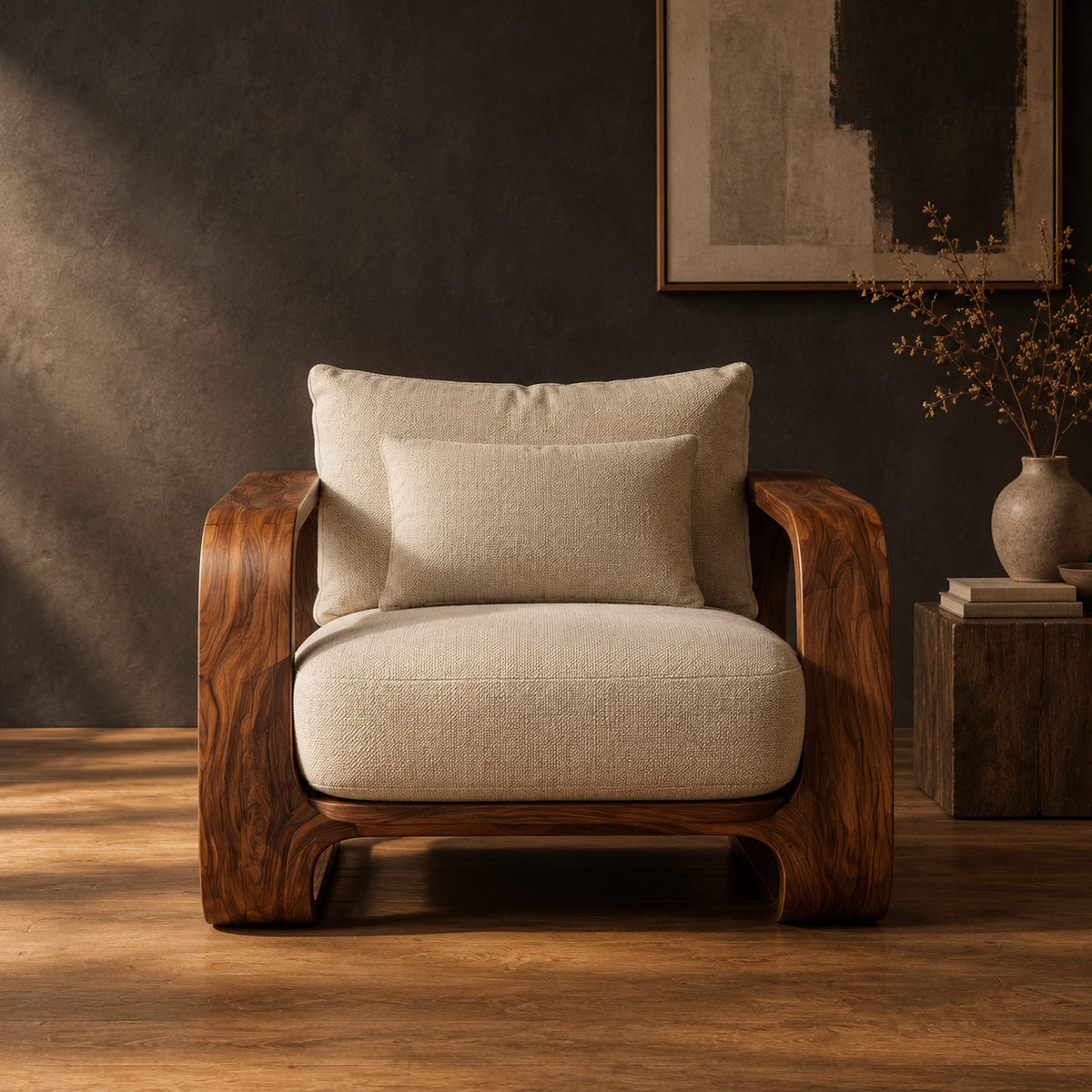Deep seat lounge chair with thick looped wood arms and a lumbar pillow in a dark studio against a charcoal plaster wall