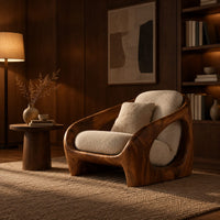 Thick shell wooden chair with wide side openings and cream cushions in an evening living room with walnut wall paneling