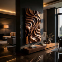 Tall wooden wall panel with deep carved swirls above a low console in an evening living room