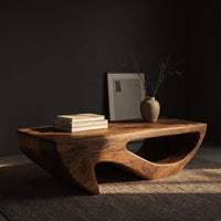 Dark coffee table with a deep U shaped open shelf, three-quarter view showing the grain