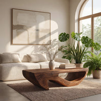 Dark coffee table with a deep U shaped open shelf in a sunlit room with large windows and plants