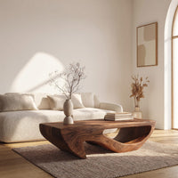 Dark coffee table with a deep U shaped open shelf in a bright modern living room