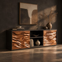 Low wooden sideboard with wave carved door panels and an open center bay, three-quarter view showing the grain