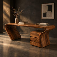 Desk with a top that flows into a slanted leg and drawer pedestal, three-quarter view showing the grain