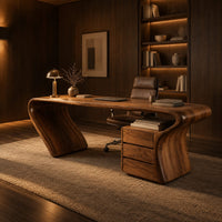Desk with a top that flows into a slanted leg and drawer pedestal in an evening home office with walnut wall paneling