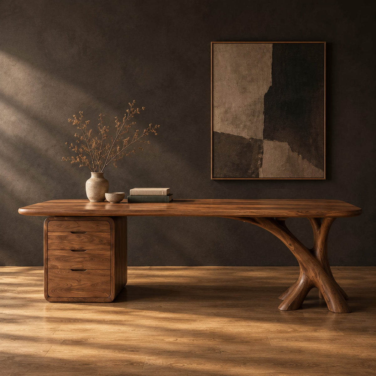 Wide desk with a forked limb leg and a three drawer pedestal in a dark studio against a charcoal plaster wall