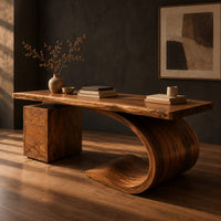 Desk with a sweeping scroll base and a three drawer pedestal, three-quarter view showing the grain