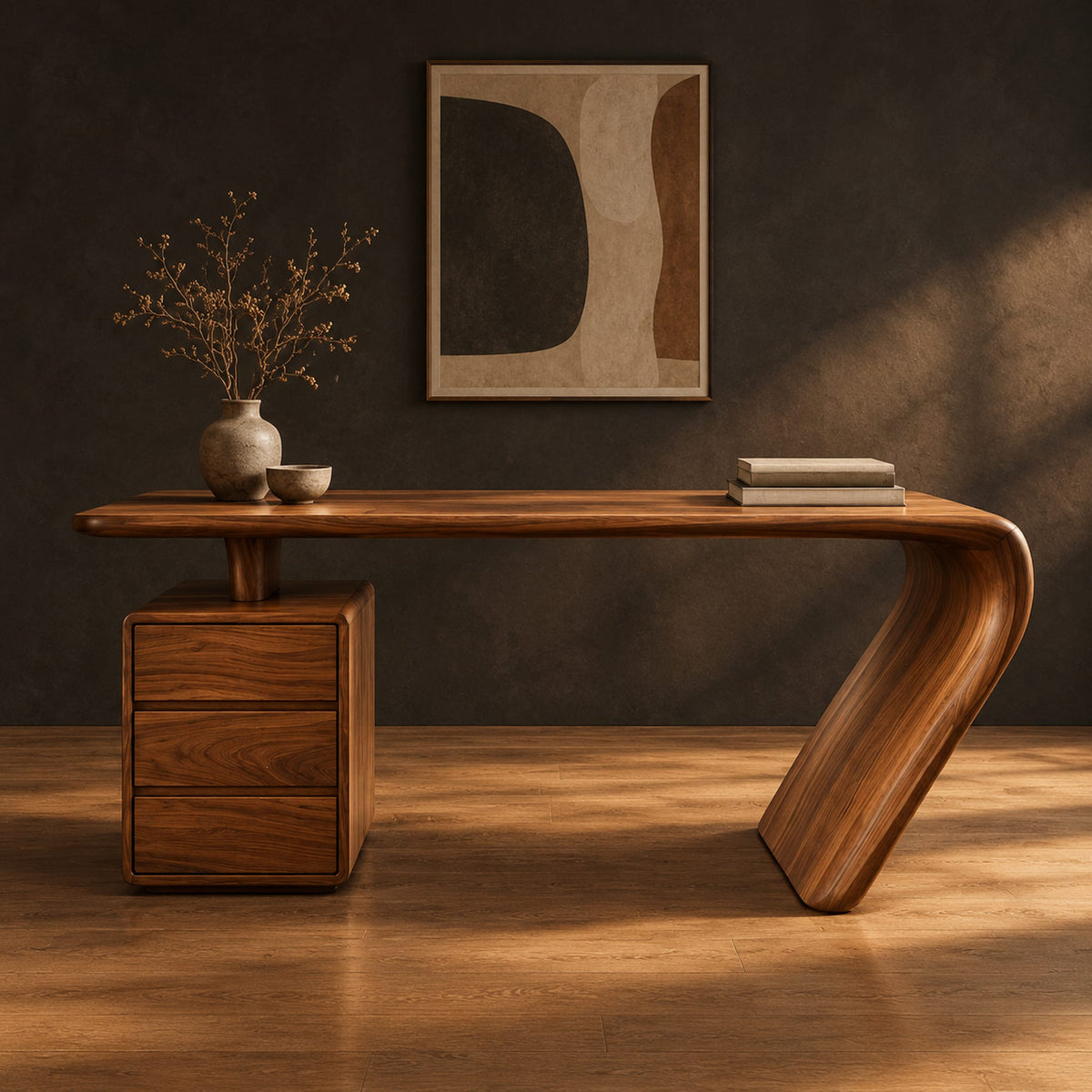 Desk with a sweeping slanted leg and a pedestal of three stacked drawers in a dark studio against a charcoal plaster wall