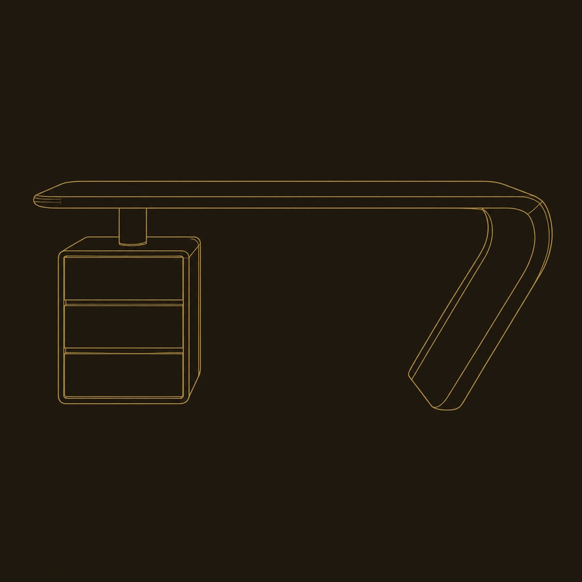 Desk With Sweeping Slanted Leg And Three Stacked Drawers dimension diagram