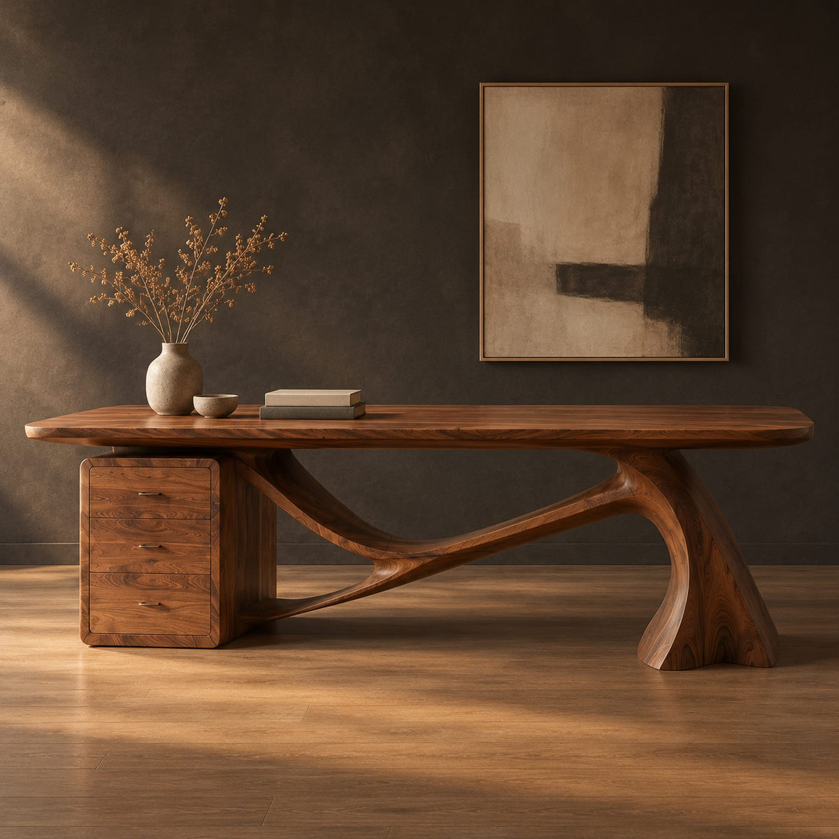 Wooden desk with a swooping single leg and a stacked drawer block in a dark studio against a charcoal plaster wall