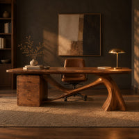 Wooden desk with a swooping single leg and a stacked drawer block in a dark home office at golden hour