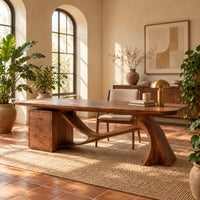 Wooden desk with a swooping single leg and a stacked drawer block in a bright home office with arched windows and plants