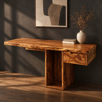 Wooden desk with a thick slab top and a hollow column support, three-quarter view showing the grain
