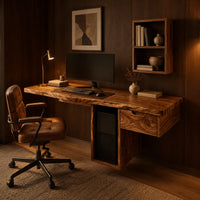 Wooden desk with a thick slab top and a hollow column support in an evening home office with walnut wall paneling