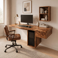 Wooden desk with a thick slab top and a hollow column support in a Scandinavian home office with white walls