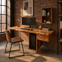 Wooden desk with a thick slab top and a hollow column support in an industrial loft home office with exposed brick