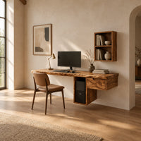 Wooden desk with a thick slab top and a hollow column support in a bright open plan home office