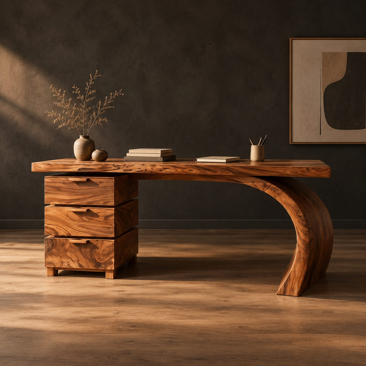 Wood desk with three stacked drawers and one sweeping curved leg in a dark studio against a charcoal plaster wall