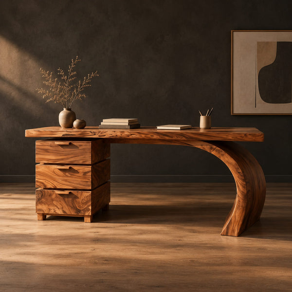 Desk With Three Stacked Drawers And A Sweeping Curved Leg