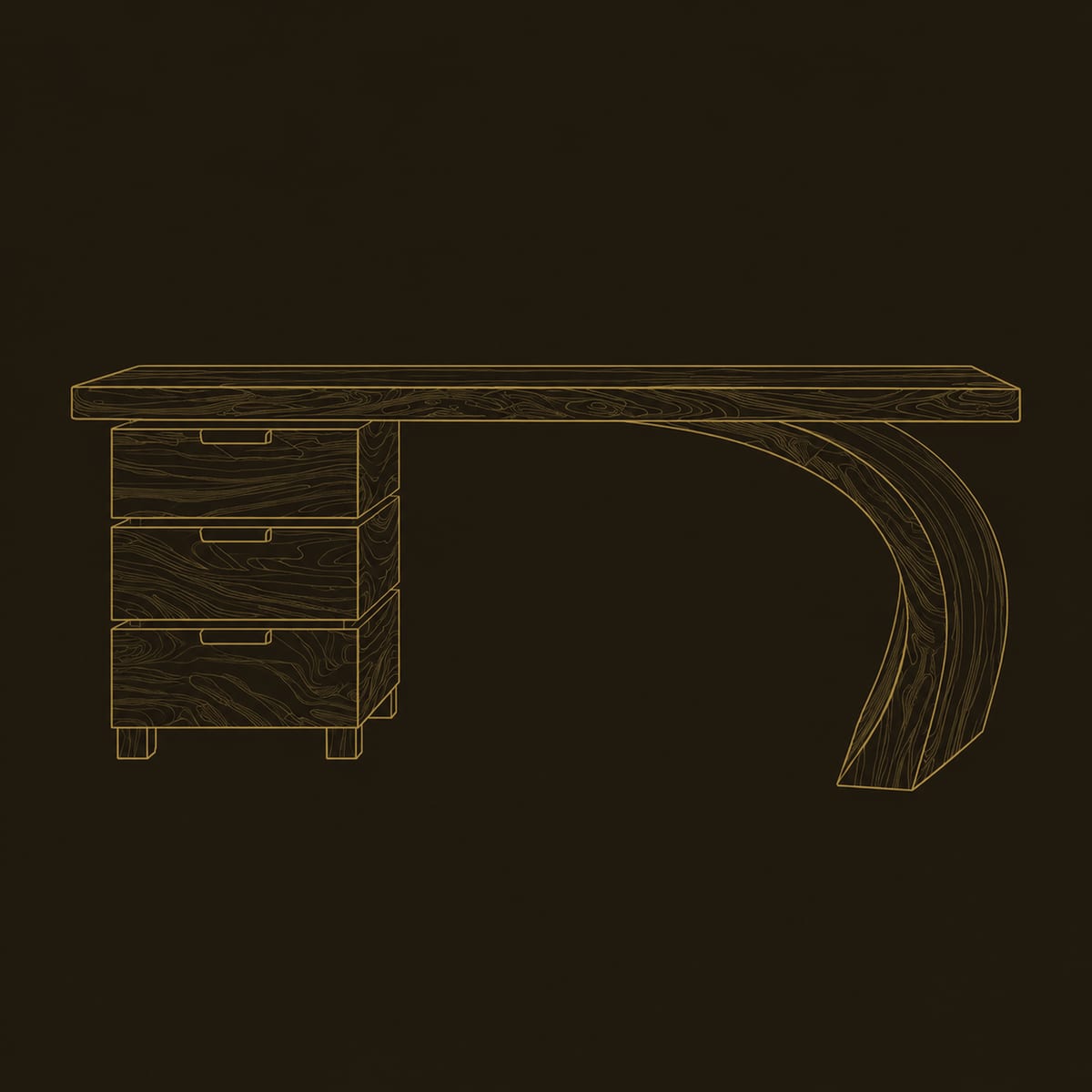 Desk With Three Stacked Drawers And A Sweeping Curved Leg dimension diagram