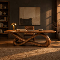 Wooden desk with a smooth slab top on a twisting infinity loop base in a dark home office at golden hour