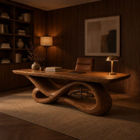 Wooden desk with a smooth slab top on a twisting infinity loop base in an evening home office with walnut wall paneling