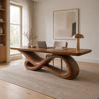 Wooden desk with a smooth slab top on a twisting infinity loop base in a Scandinavian home office with white walls