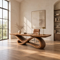 Wooden desk with a smooth slab top on a twisting infinity loop base in a bright open plan home office