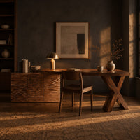 Wooden desk with a wave carved cabinet block and an x shaped leg in a dark home office at golden hour