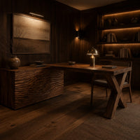 Wooden desk with a wave carved cabinet block and an x shaped leg in an evening home office with walnut wall paneling