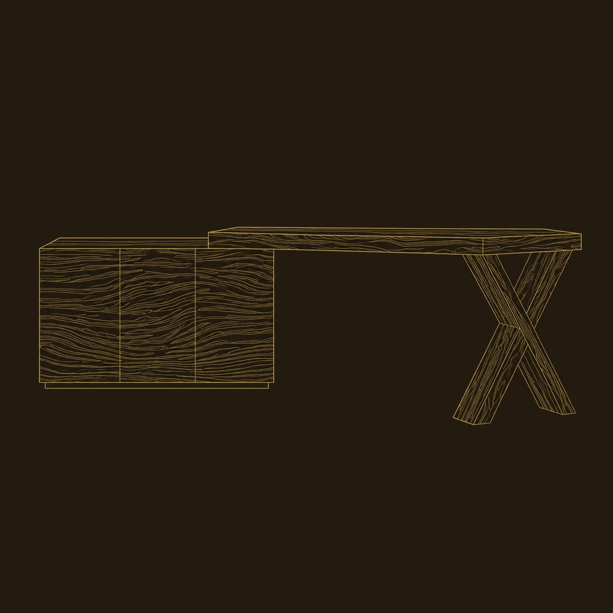 Desk With Wave Carved Cabinet Block And Bold X Leg dimension diagram